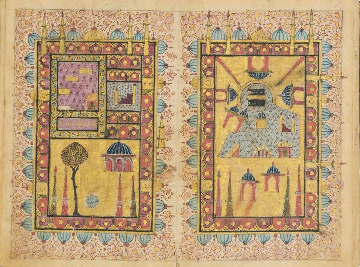 Double page depicting the Holy Sanctuaries in Mecca and Medina. Kashmir, c. 1800.