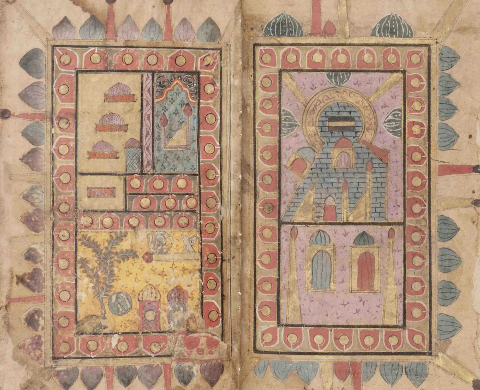 Double page depicting the Holy Sanctuaries in Mecca and Medina. Kashmir. Dated 19th century.