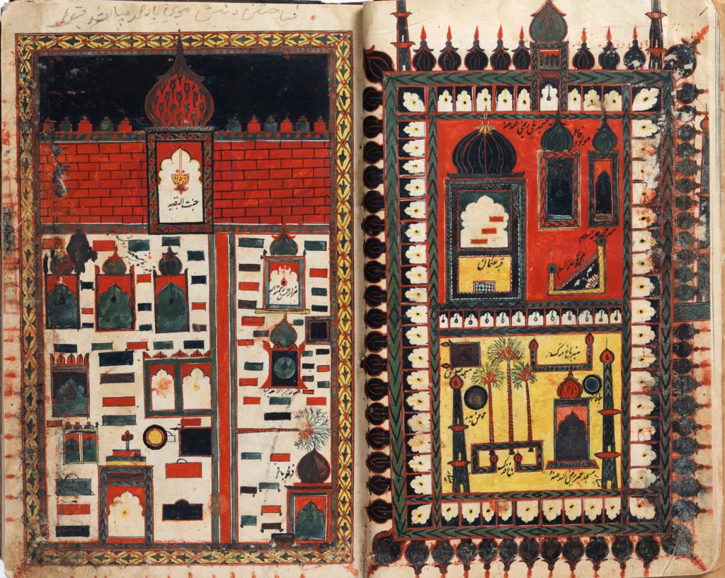 Double page depicting the Holy Sanctuaries in Mecca and Medina. India, or possibly Mecca by Indian artists. Dated Rajab 1216 (November 1801) & Ramadan 1216 (January 1802).