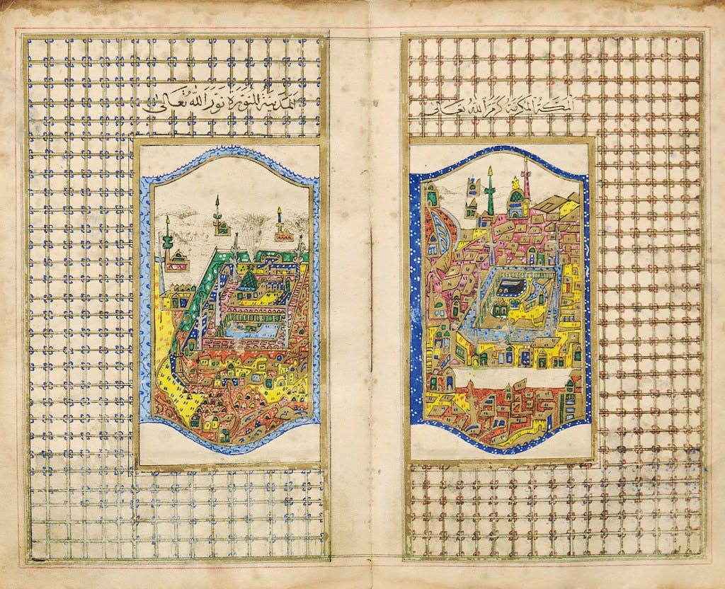 Double page depicting the Holy Sanctuaries in Mecca and Medina. Ottoman Balkans or Turkey. Dated 1859-60/1275 AH.